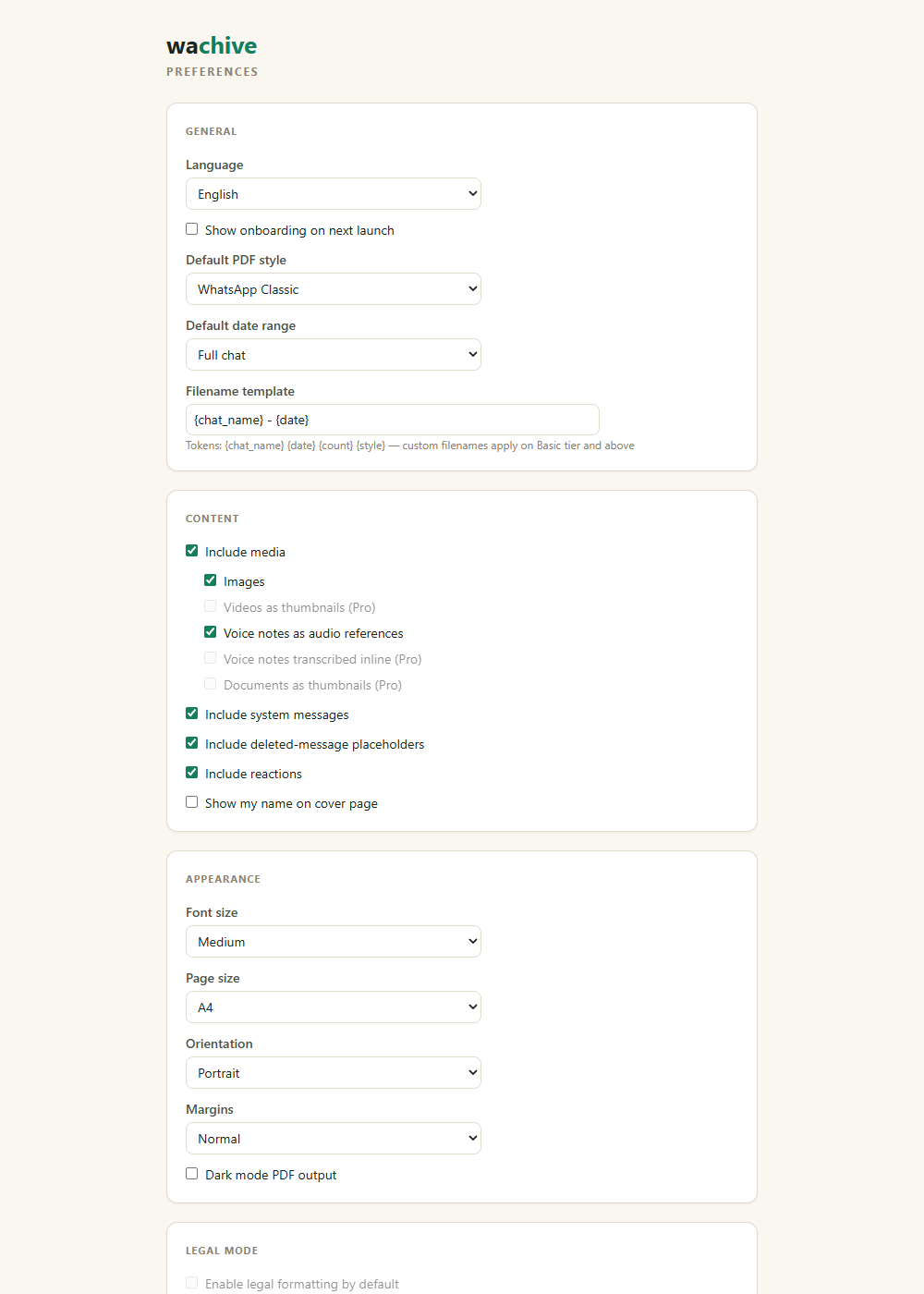 The wachive preferences page with content, appearance, and legal-mode settings