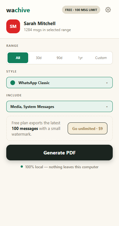 The wachive popup over WhatsApp Web: choose a date range, PDF style, and click Generate PDF