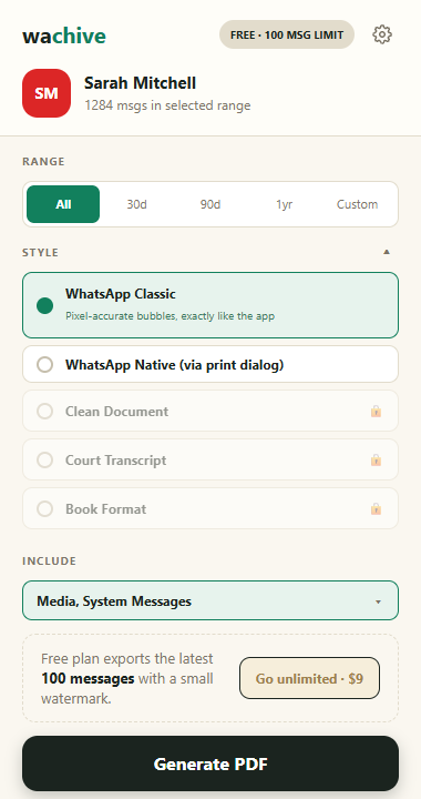 The style picker expanded, showing WhatsApp Classic, Native, Clean Document, Court Transcript, and Book Format